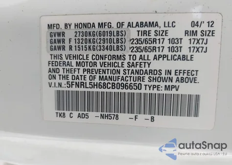2012 Honda Odyssey Ex-L from USA, damaged, VIN 5FNRL5H68CB096650